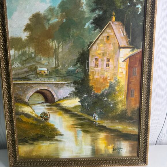 Vintage Oil Painting On Canvas Framed 16 x 20 Village Original Artist Letarte - Picture 2 of 9